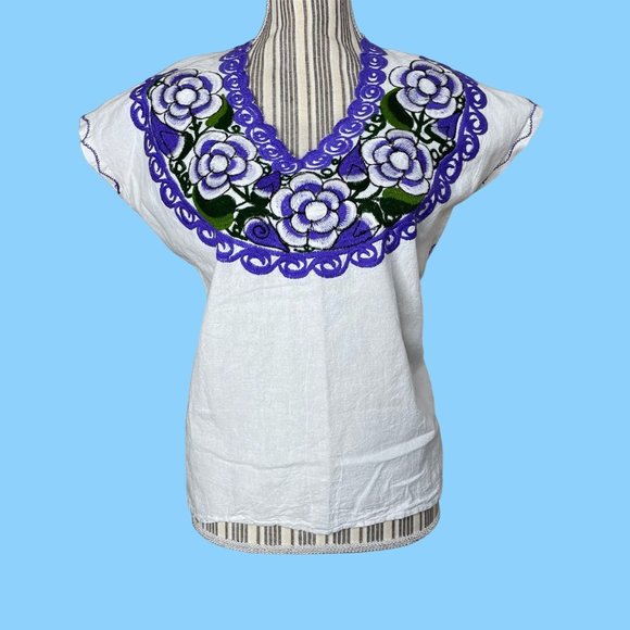 RunwayKloset Tops - Mexican Floral Rosette Embroidered Top Blouse Blue Size S to M